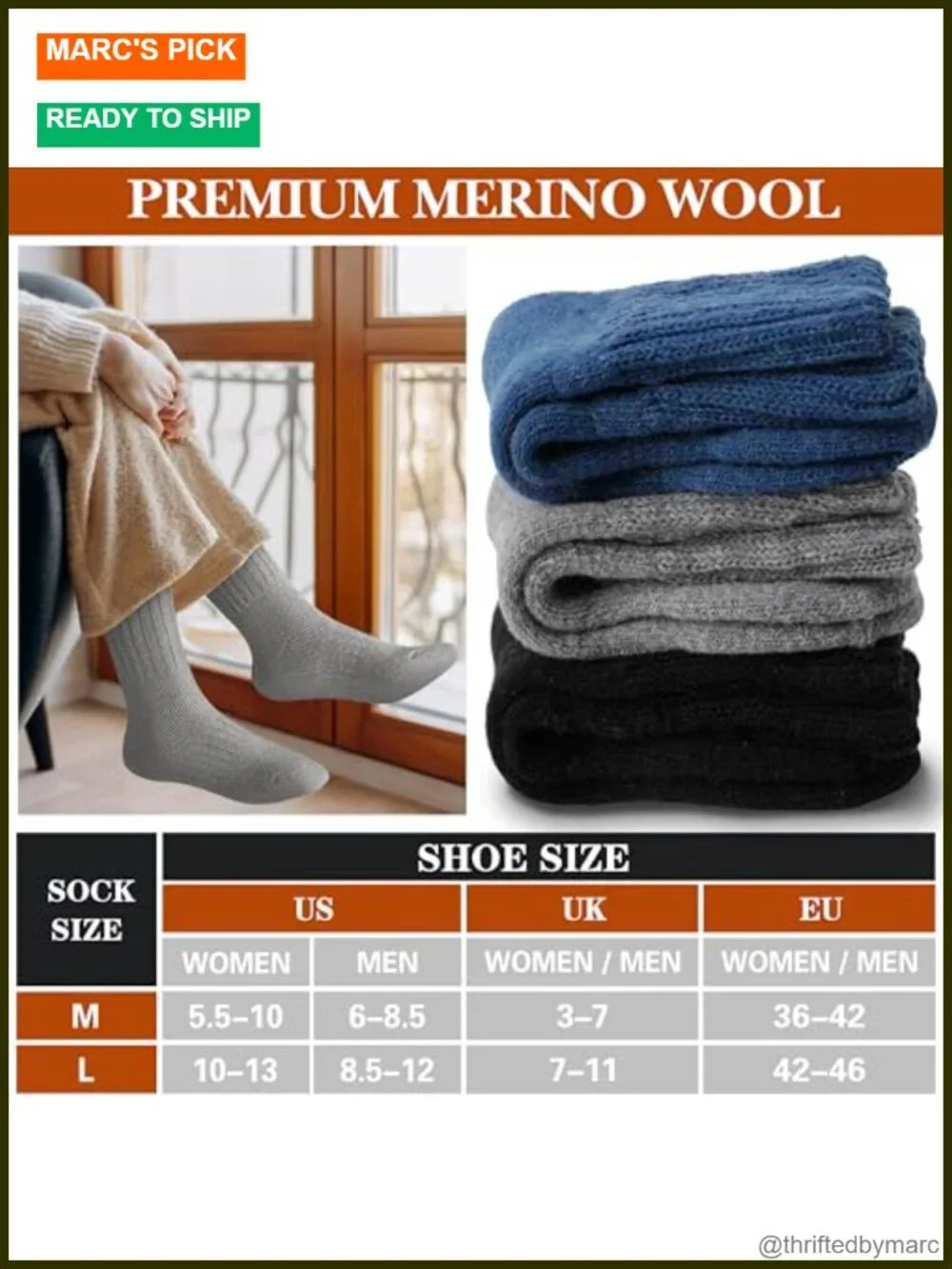 Merino Wool Thermal Boot Socks Extra Thick Cushioning Hiking 3 Pairs